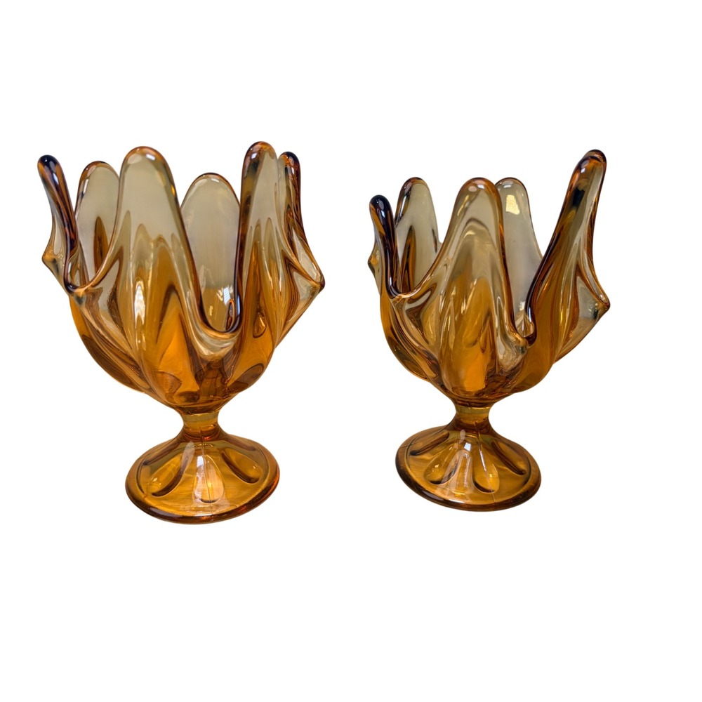 Viking Glass Amber Swung Vase Set 2 Epic Six Petal Mid Century Modern Vintage